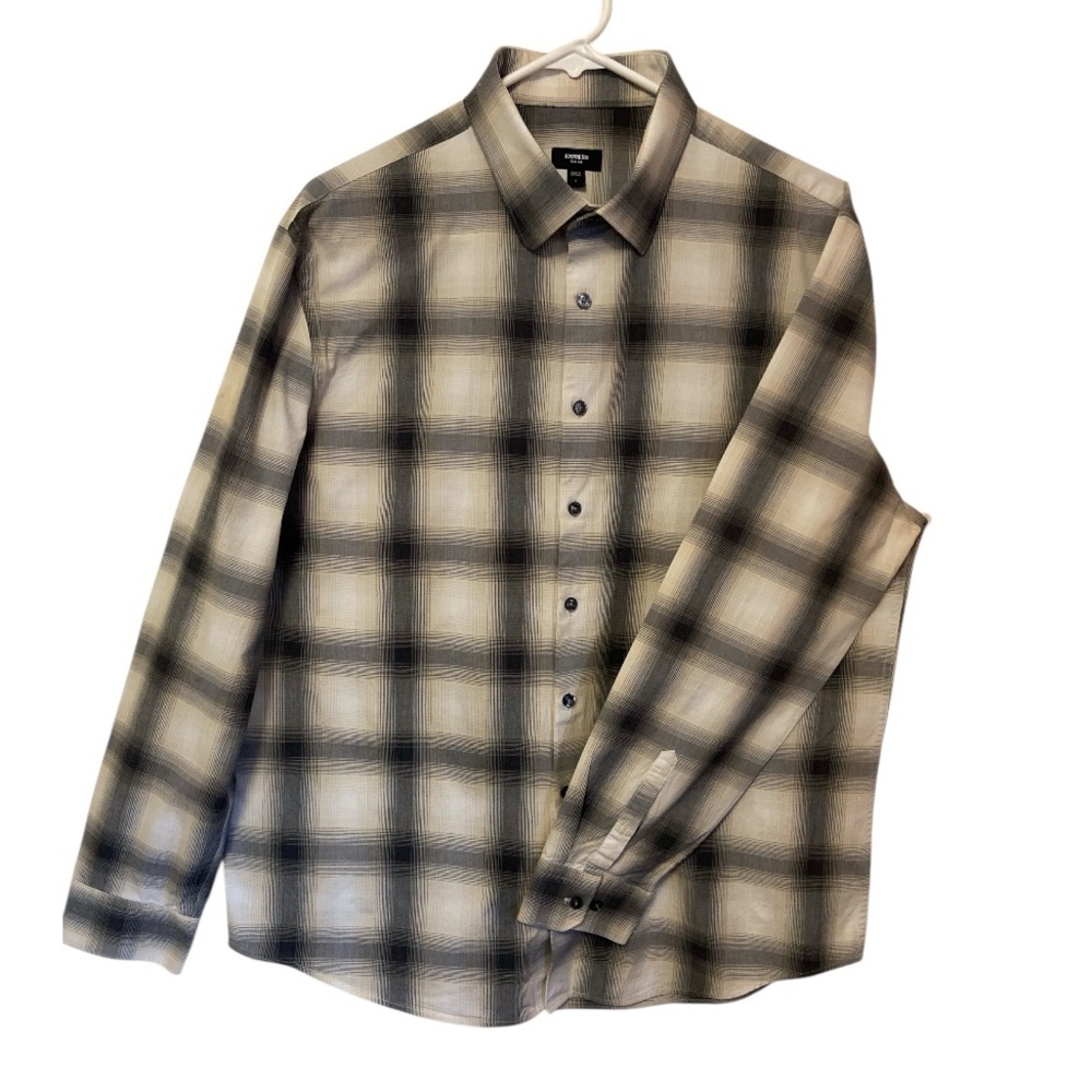 Express Slim 1MX Men’s Plaid Stretch Dress Shirt Lrg Gray Black Button Front